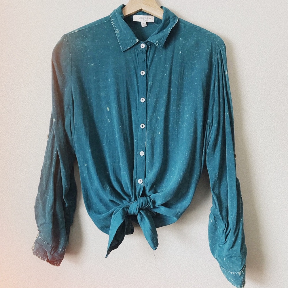 Umgee | Teal distressed soft buttondown blouse XL - Picture 1 of 4